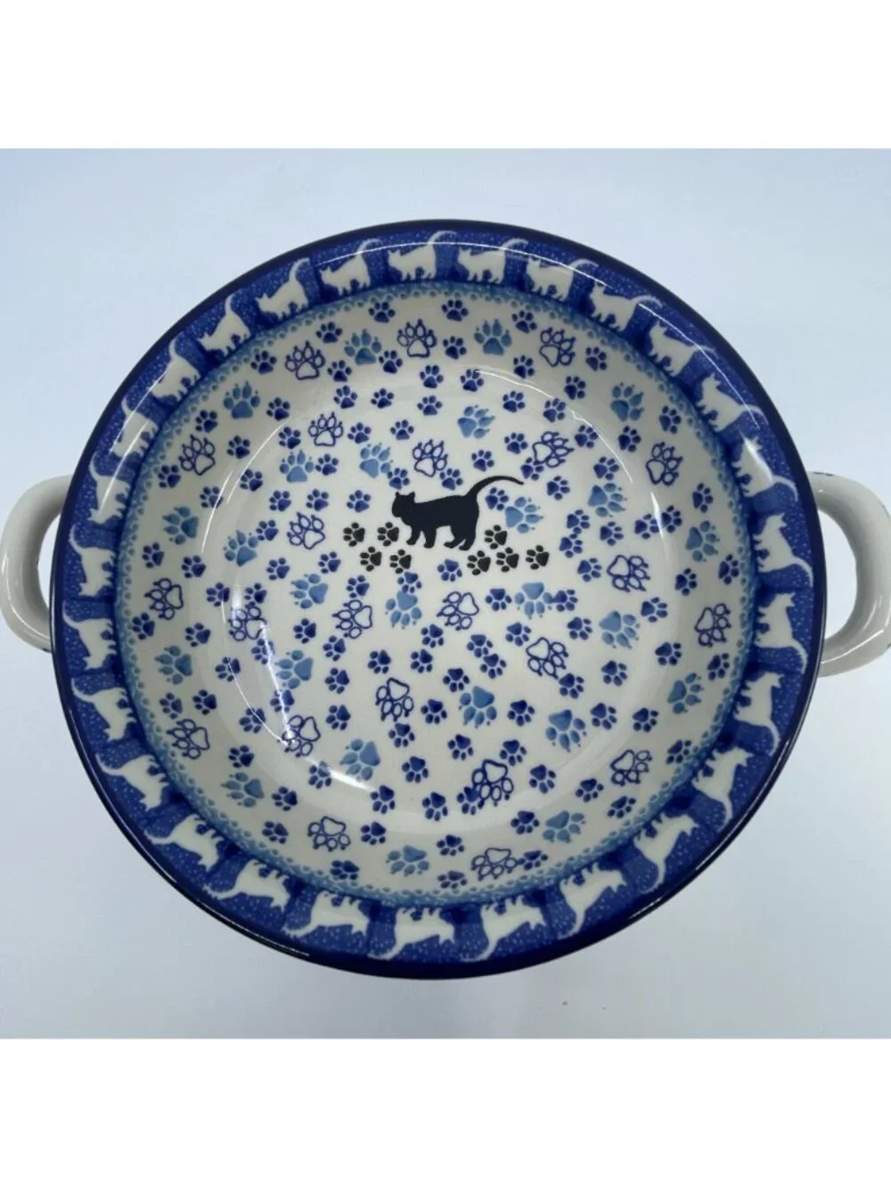 handmade polish pottery baker with 2 handles boo boo kitty paws pattern